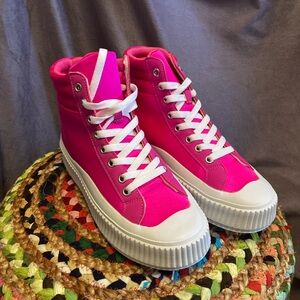 Women’s hot pink satin platform sneakers